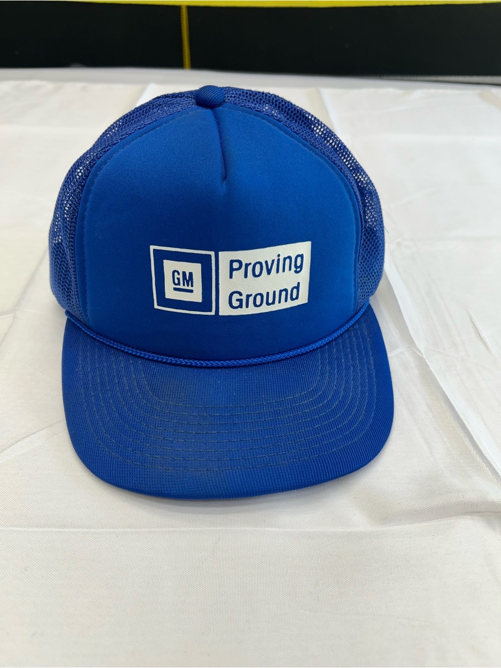 Vintage 80s GM Proving Ground Hanes Rope Trucker Hat Blue Snapback